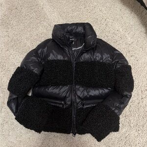 Black Puffer Jacket with Teddy Accents